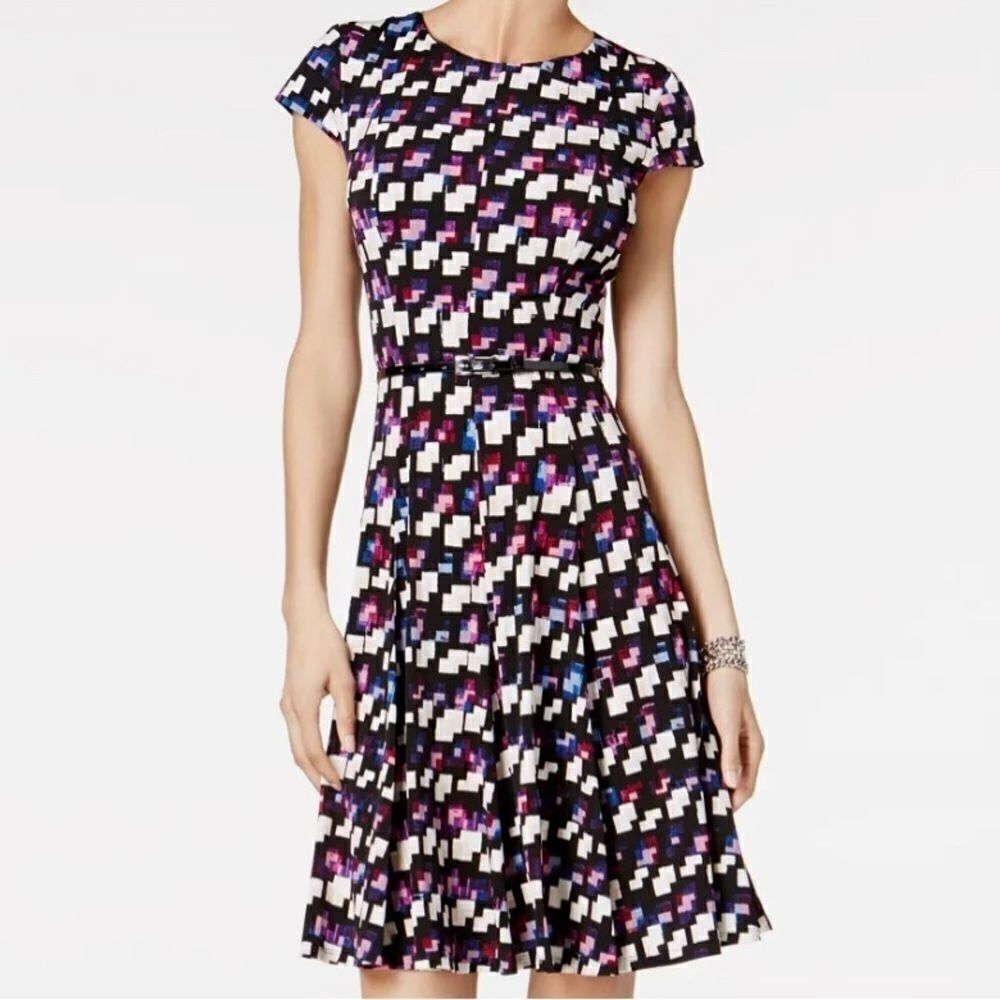 JESSICA Howard Midi Black Belted Geometric-Print A-Line Dress Size 10P
